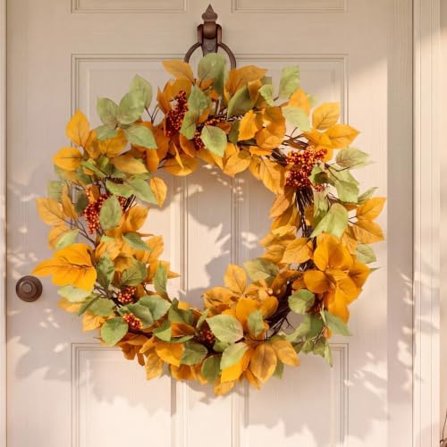 20 Inch Fall Wreath for Front Door Autumn, Mixed Leaf & Orange Berry in Orange