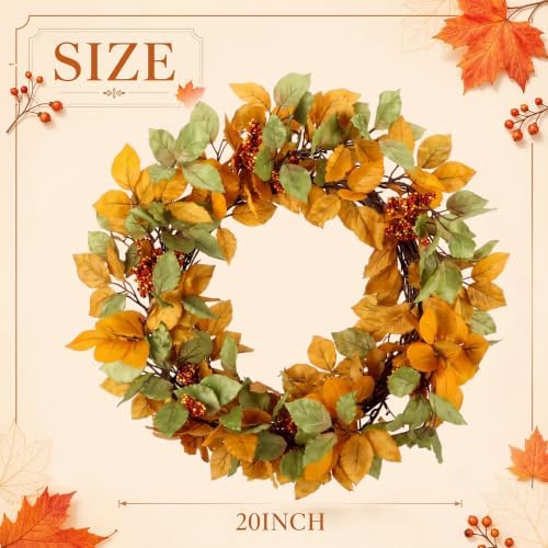 20 Inch Fall Wreath for Front Door Autumn, Mixed Leaf & Orange Berry in Orange, alternate view 2