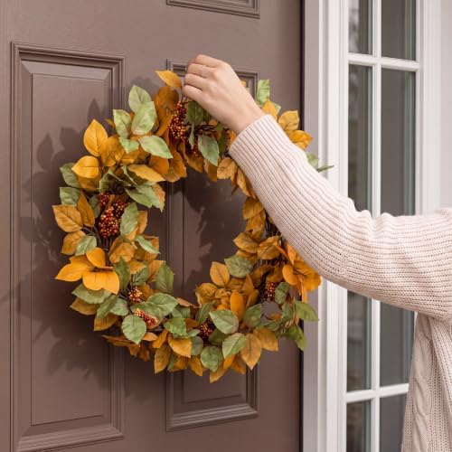 20 Inch Fall Wreath for Front Door Autumn, Mixed Leaf & Orange Berry in Orange, alternate view 3