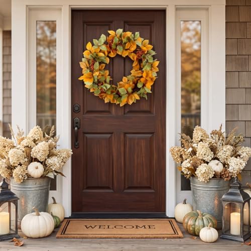20 Inch Fall Wreath for Front Door Autumn, Mixed Leaf & Orange Berry in Orange, alternate view 4