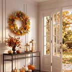 20 Inch Fall Wreath for Front Door Autumn, Mixed Leaf & Orange Berry in Orange, alternate view 5