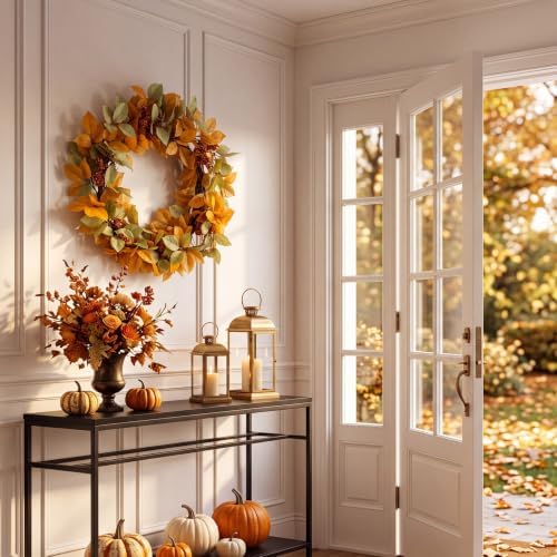 20 Inch Fall Wreath for Front Door Autumn, Mixed Leaf & Orange Berry in Orange, alternate view 5