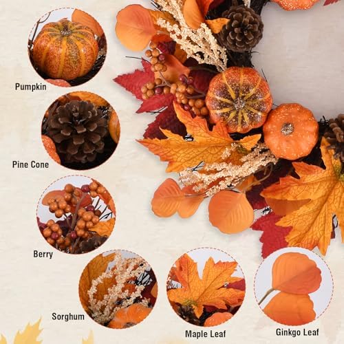 20 Inch Fall Wreaths Decorations Maples Autumn Wreath with Hanger, alternate view 5