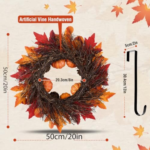 20 Inch Fall Wreaths Decorations Maples Autumn Wreath with Hanger, alternate view 6