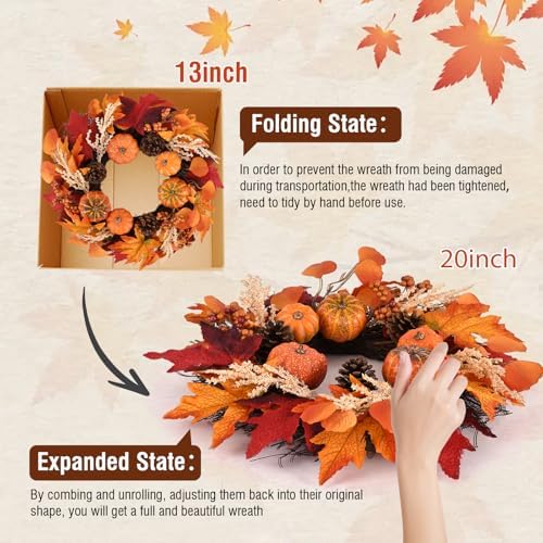 20 Inch Fall Wreaths Decorations Maples Autumn Wreath with Hanger, alternate view 7