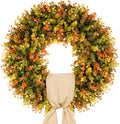 20 Inch Fall Wreaths for Front Door, Handmade Fall Boxwood Wreath with Cream Linen Sash, Waterproof and UV