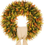 20 Inch Fall Wreaths for Front Door, Handmade Fall Boxwood Wreath with Cream Linen Sash, Waterproof and UV