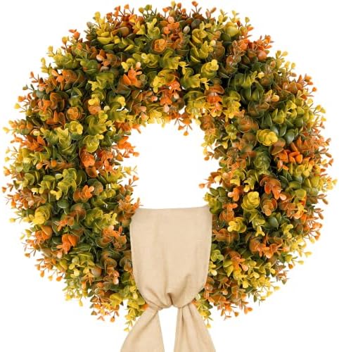 20 Inch Fall Wreaths for Front Door, Handmade Fall Boxwood Wreath with Cream Linen Sash, Waterproof and UV