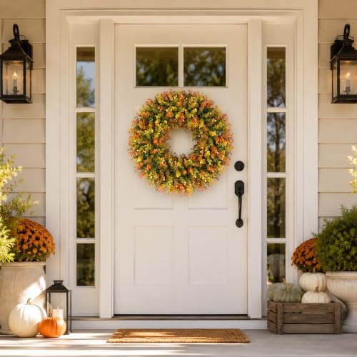 20 Inch Fall Wreaths for Front Door, Handmade Fall Boxwood Wreath with Cream Linen Sash, Waterproof and UV, alternate view 2