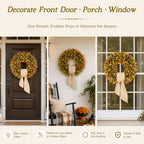 20 Inch Fall Wreaths for Front Door, Handmade Fall Boxwood Wreath with Cream Linen Sash, Waterproof and UV, alternate view 3