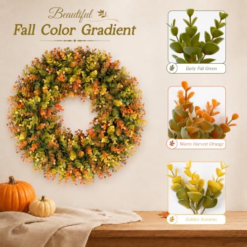 20 Inch Fall Wreaths for Front Door, Handmade Fall Boxwood Wreath with Cream Linen Sash, Waterproof and UV, alternate view 4