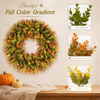 20 Inch Fall Wreaths for Front Door, Handmade Fall Boxwood Wreath with Cream Linen Sash, Waterproof and UV, alternate view 4