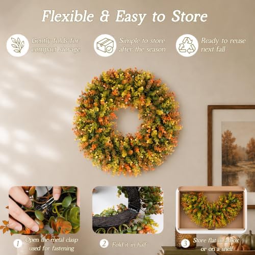 20 Inch Fall Wreaths for Front Door, Handmade Fall Boxwood Wreath with Cream Linen Sash, Waterproof and UV, alternate view 6