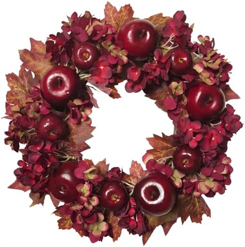 20 Inch Fall Wreaths for Front Door with Apples Hydrangea Fall Leaves - Thanksgiving Harvest Festival Deep Red