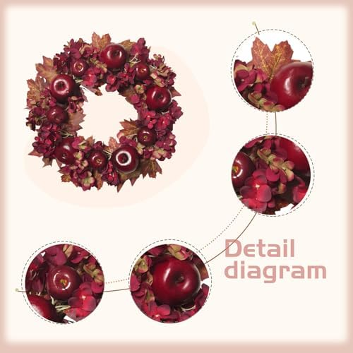 20 Inch Fall Wreaths for Front Door with Apples Hydrangea Fall Leaves - Thanksgiving Harvest Festival Deep Red, alternate
