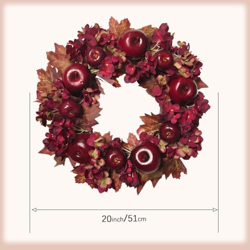 20 Inch Fall Wreaths for Front Door with Apples Hydrangea Fall Leaves - Thanksgiving Harvest Festival Deep Red, alternate