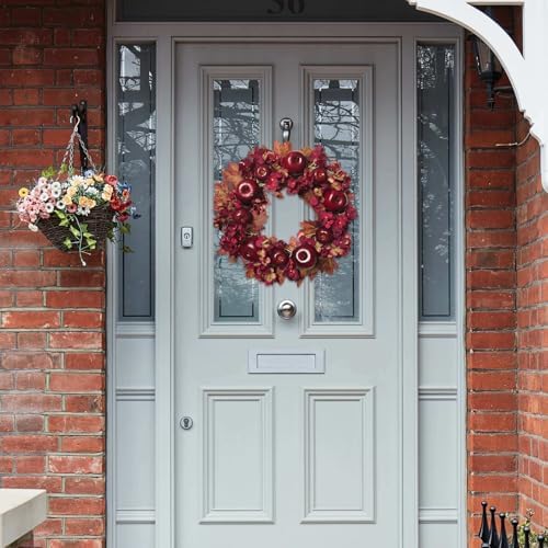 20 Inch Fall Wreaths for Front Door with Apples Hydrangea Fall Leaves - Thanksgiving Harvest Festival Deep Red, alternate