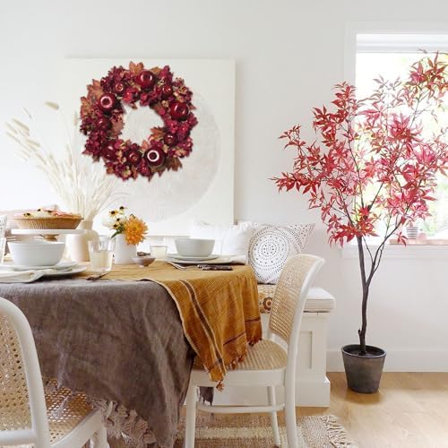 20 Inch Fall Wreaths for Front Door with Apples Hydrangea Fall Leaves - Thanksgiving Harvest Festival Deep Red, alternate