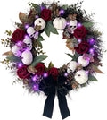 20 Inch Gothic Halloween Wreath for Front Door with Purple Lights in Black Purple White