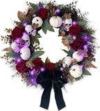 20 Inch Gothic Halloween Wreath for Front Door with Purple Lights in Black Purple White