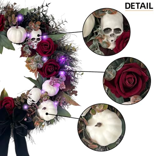 20 Inch Gothic Halloween Wreath for Front Door with Purple Lights in Black Purple White, alternate view 2
