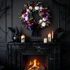 20 Inch Gothic Halloween Wreath for Front Door with Purple Lights in Black Purple White, alternate view 3