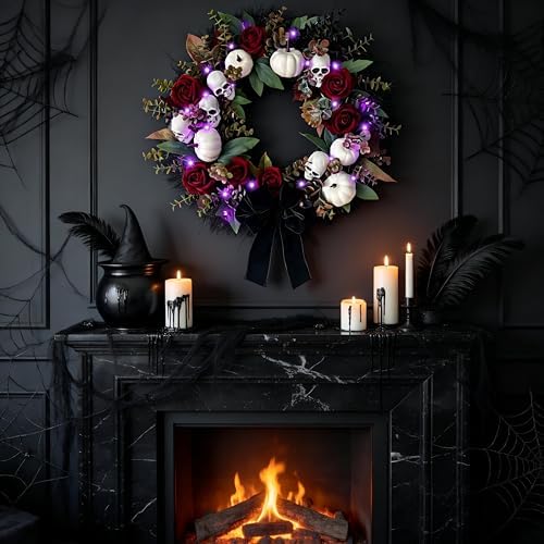 20 Inch Gothic Halloween Wreath for Front Door with Purple Lights in Black Purple White, alternate view 3