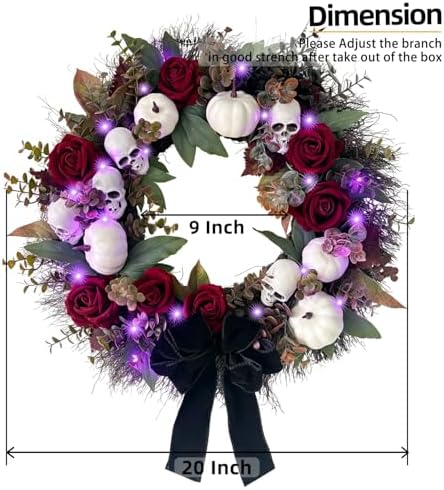 20 Inch Gothic Halloween Wreath for Front Door with Purple Lights in Black Purple White, alternate view 4