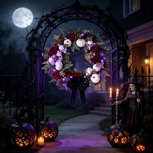 20 Inch Gothic Halloween Wreath for Front Door with Purple Lights in Black Purple White, alternate view 5