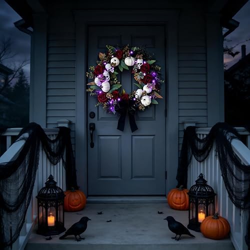 20 Inch Gothic Halloween Wreath for Front Door with Purple Lights in Black Purple White, alternate view 6