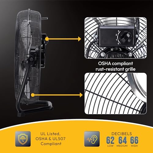 20 Inch High Velocity Metal Floor Fan, 3-Speed Powerful Cooling, 120° Adjustable Tilt, 6.0 FT Cord, UL Safety, alternate view