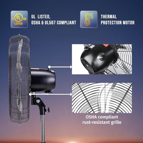 20 Inch High Velocity Oscillating Pedestal Fan, 3-Speed, 5000 CFM, Commercial & Industrial, UL Listed, 1/6 HP, alternate view