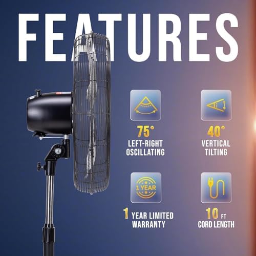 20 Inch High Velocity Oscillating Pedestal Fan, 3-Speed, 5000 CFM, Commercial & Industrial, UL Listed, 1/6 HP, alternate view