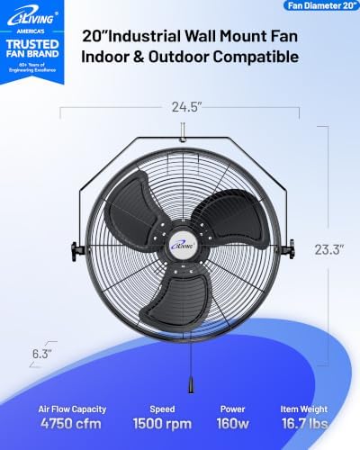 20 Inch Industrial Wall Mount Fan, 4750 CFM High Velocity, Outdoor Rated, 3-Speed, UL Listed for Garage, Patio, alternate
