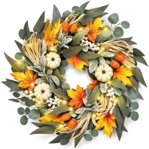 20 Inch Lighted Fall Wreaths for Front Door with White Pumpkins