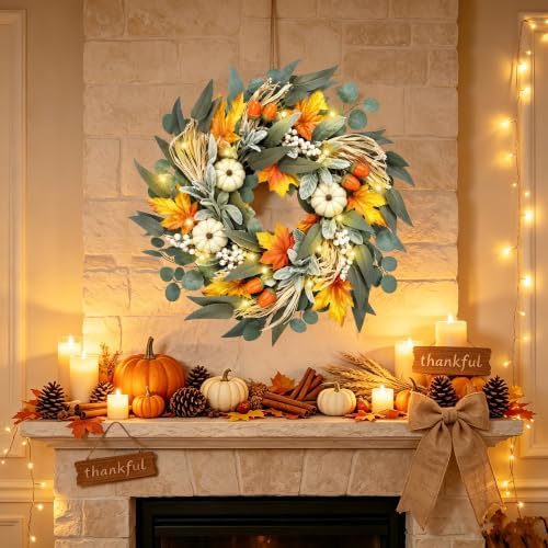 20 Inch Lighted Fall Wreaths for Front Door with White Pumpkins, alternate view 2
