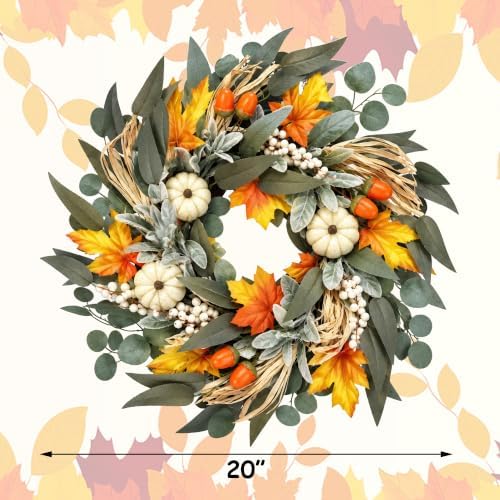 20 Inch Lighted Fall Wreaths for Front Door with White Pumpkins, alternate view 3