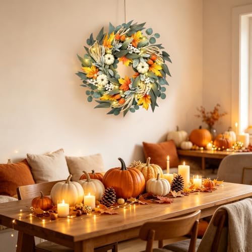 20 Inch Lighted Fall Wreaths for Front Door with White Pumpkins, alternate view 6