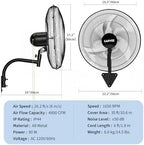 20 Inch Oscillating Wall Fan,3800 CFM Industrial Wall Mounted Fan in Black, alternate view 3