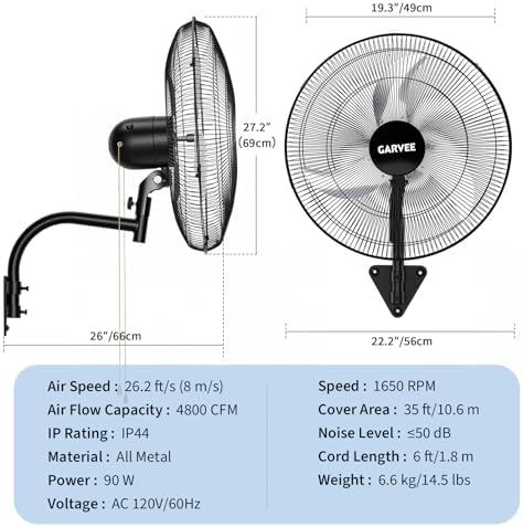 20 Inch Oscillating Wall Fan,3800 CFM Industrial Wall Mounted Fan in Black, alternate view 3