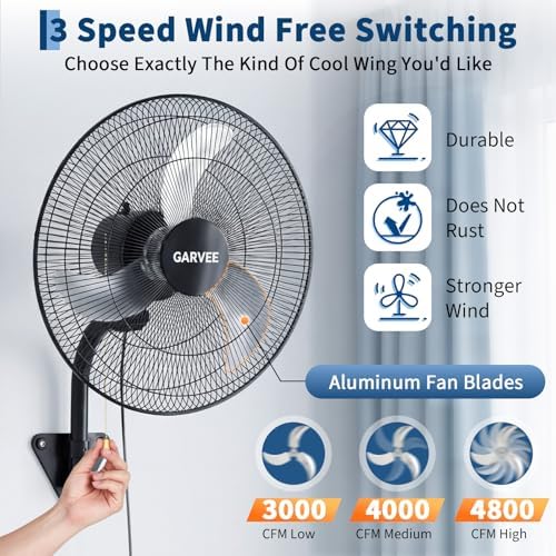 20 Inch Oscillating Wall Fan,3800 CFM Industrial Wall Mounted Fan in Black, alternate view 4