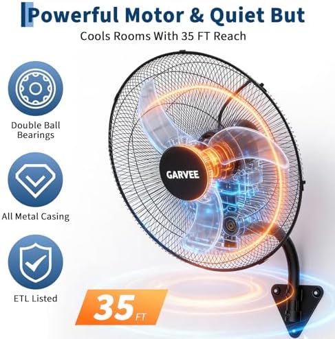 20 Inch Oscillating Wall Fan,3800 CFM Industrial Wall Mounted Fan in Black, alternate view 5