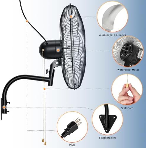 20 Inch Oscillating Wall Fan,3800 CFM Industrial Wall Mounted Fan in Black, alternate view 7