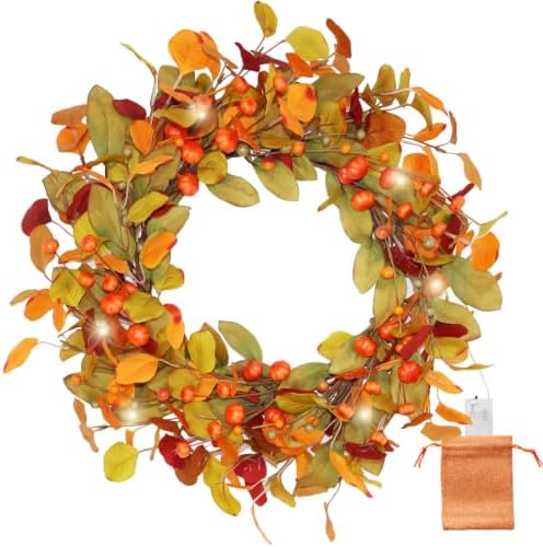 20 Inch Pre-Lit Eucalyptus and Magnolia Fall Wreath with 30 LEDs in Orange-green 20"