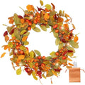 20 Inch Pre-Lit Eucalyptus and Magnolia Fall Wreath with 30 LEDs in Orange-green 20"
