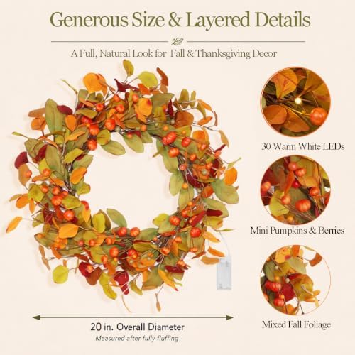 20 Inch Pre-Lit Eucalyptus and Magnolia Fall Wreath with 30 LEDs in Orange-green 20", alternate view 2