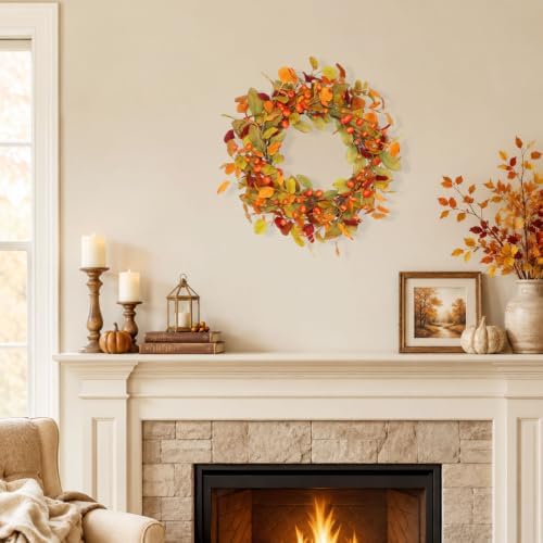 20 Inch Pre-Lit Eucalyptus and Magnolia Fall Wreath with 30 LEDs in Orange-green 20", alternate view 4