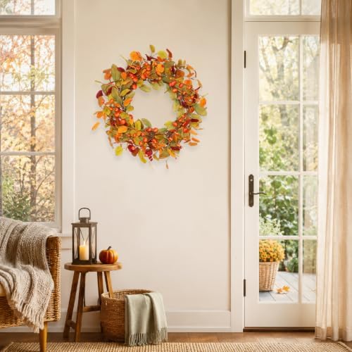 20 Inch Pre-Lit Eucalyptus and Magnolia Fall Wreath with 30 LEDs in Orange-green 20", alternate view 5