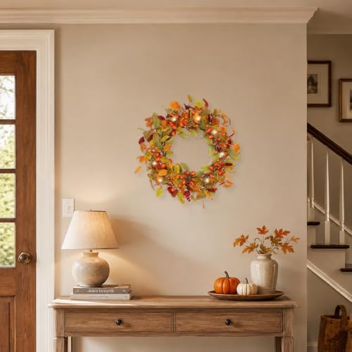 20 Inch Pre-Lit Eucalyptus and Magnolia Fall Wreath with 30 LEDs in Orange-green 20", alternate view 6