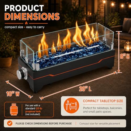 20 Inch Propane Tabletop Fire Pit, 40,000 BTU with Glass Wind Guard, alternate view 2